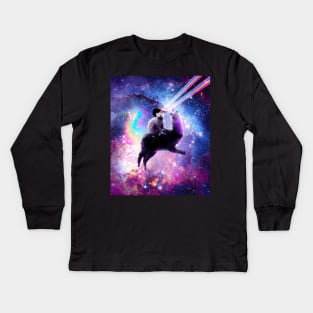 Laser Eyes Outer Space Cat Riding On Llama Unicorn Kids Long Sleeve T-Shirt